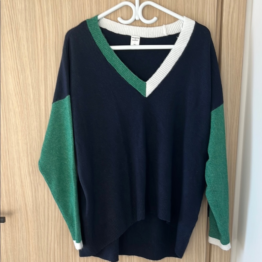 Colorblock V-Neck Sweater - Navy and Green